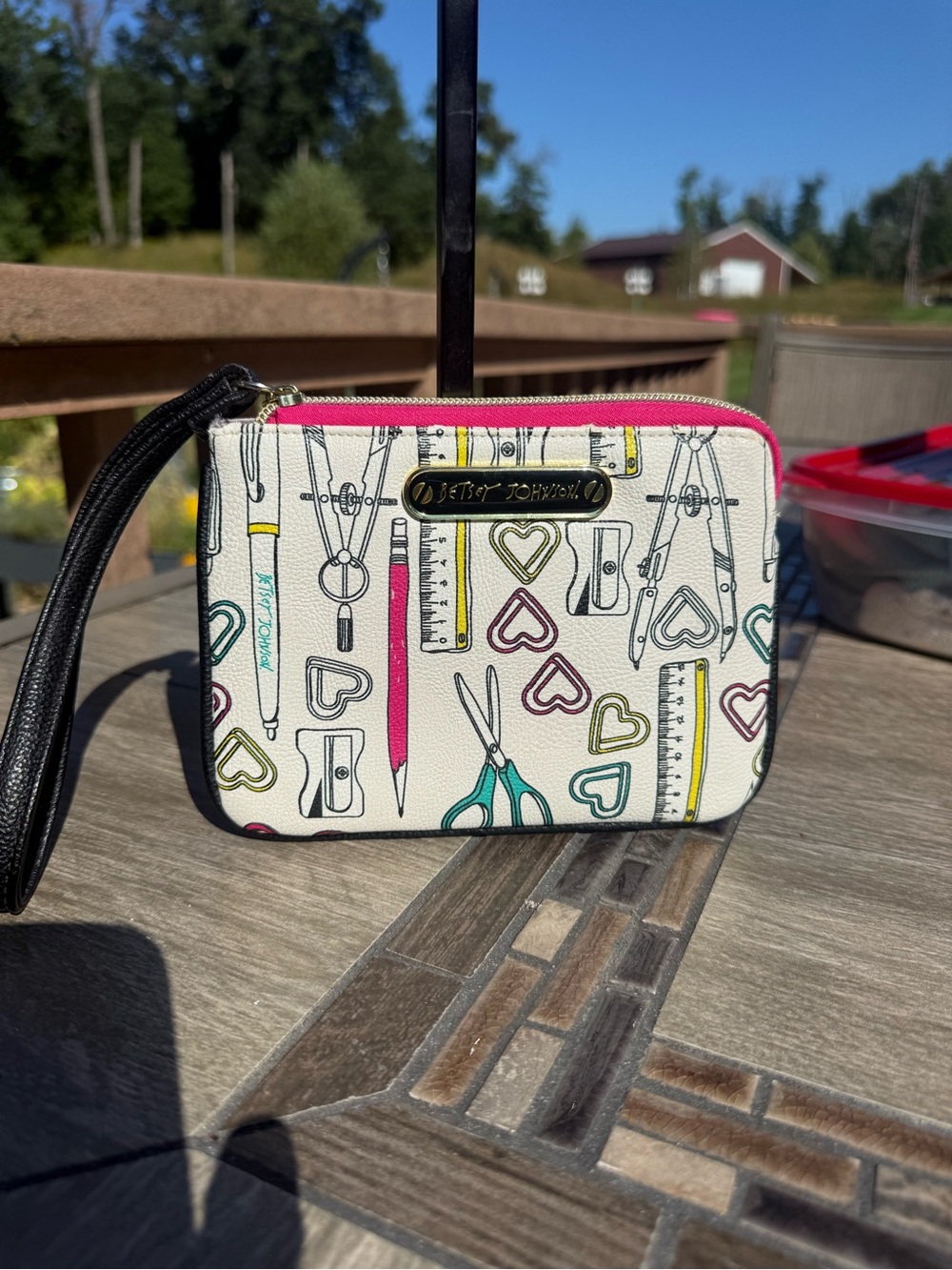 EUC Betsey Johnson "School" Print Graffiti Wristlet Wallet
